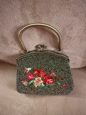 Beaded Floral Evening Handbag in Green with Red Floral Embroidery